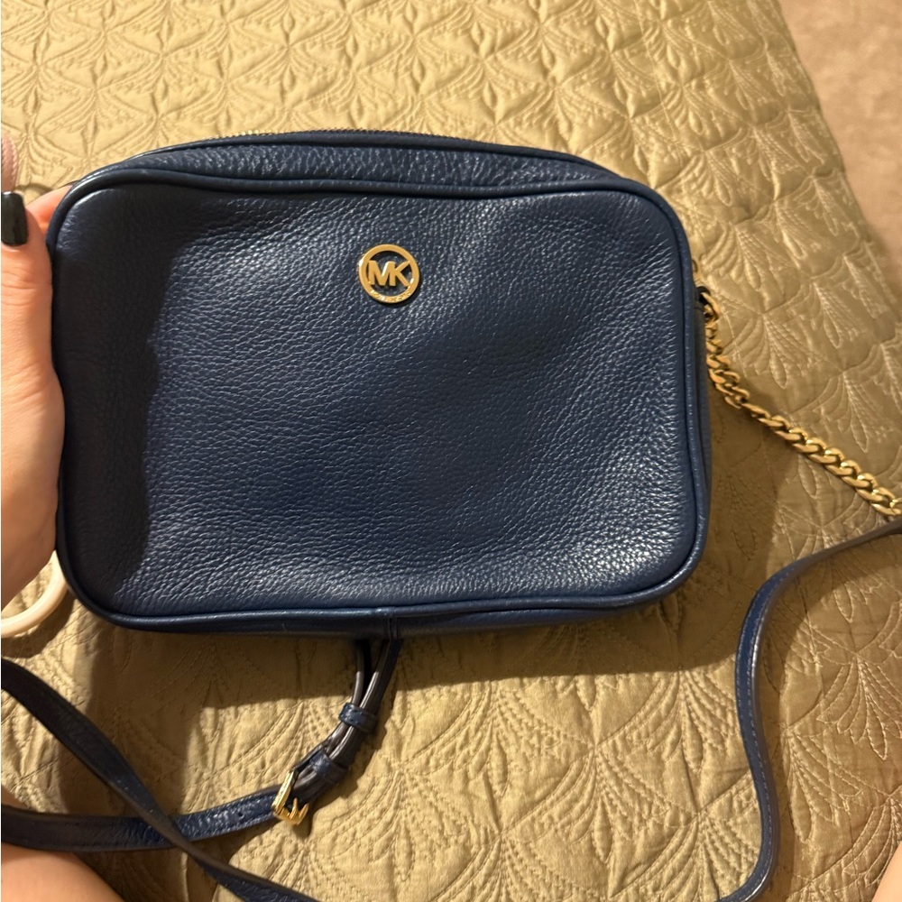 Michael Kors Dark Blue Crossbody Bag with Gold Accents